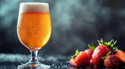Freshly poured craft beer with chilled fruit in a clear glass that displays the cold beverage. The condensation on the glass emphasizes the refreshing craft beer experience.