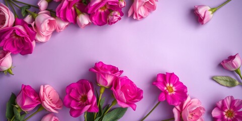 Fototapeta premium Romantic pink and purple flowers arranged in a top view flatlay on a vibrant purple background with space for text, perfect for Women's Day and Mother's Day concepts, purple, pink, romantic