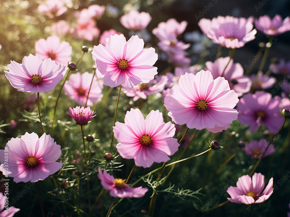 Wall mural Lovely mini cosmos flowers blooming in the garden adding beauty to the landscape