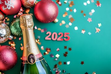 Champagne bottle with Christmas ornaments and 2025 on teal background.