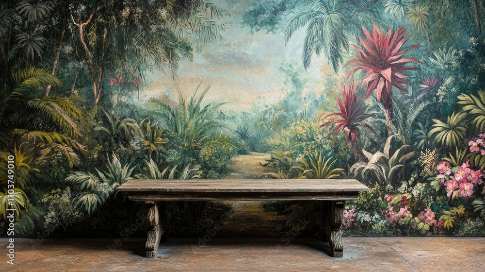 Poster vintage table in a setting adorned with a mural jungle background, creating a captivating atmosphere