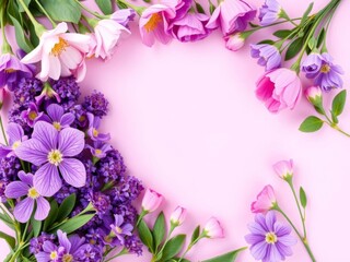 Fototapeta premium Romantic pink spring flowers with text space on purple background for Mother's Day celebration, birthday, purple, flowers