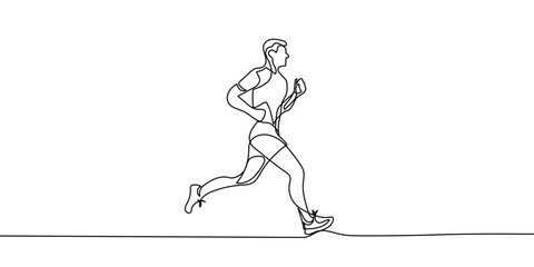 One single line drawing of young happy runner man wearing hoodie exercise to improve stamina vector illustration. Healthy lifestyle and competitive sport concept. Modern continuous line draw design