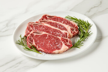 Fresh raw red meat with coarse salt and rosemary prepared on a white cooking plate. Uncooked beef steaks