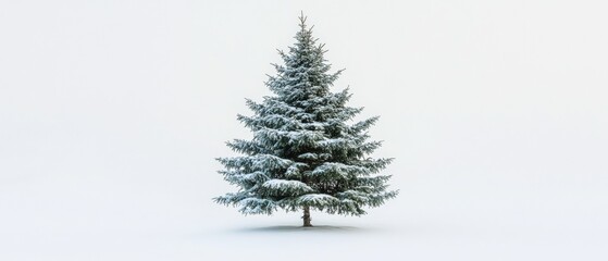 Fototapeta premium Majestic Snow-Covered Evergreen Tree in Serene Winter Landscape - Perfect for Holiday and Nature-Themed Projects