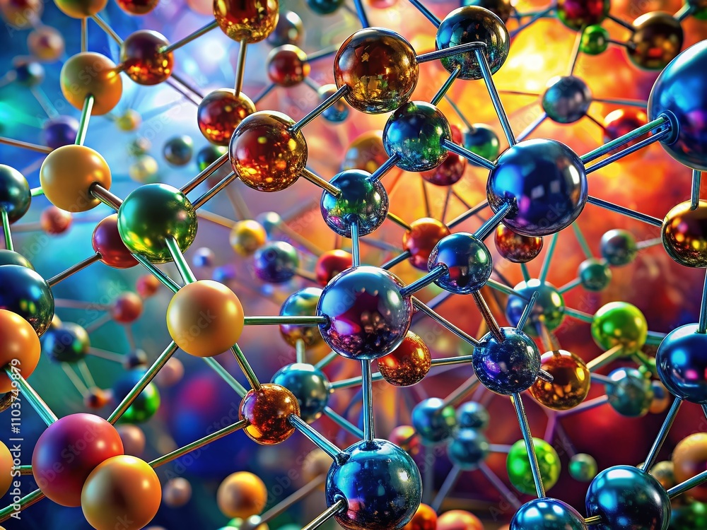Poster panoramic view of abstract molecular structure composed of spheres, showcasing intricate patterns an