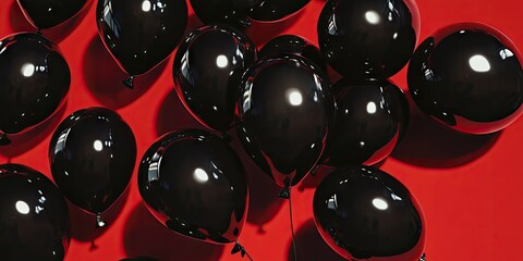 Dense, dark festive balloons set against a single color background create a striking visual contrast, enhancing the celebratory atmosphere of the scene.