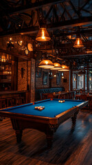 Rustic Bar Billiards Room, A Game of Pool Under Warm Lighting