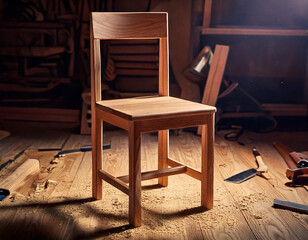 A wooden chair is sitting on a wooden floor in a workshop, Classic chair in the room