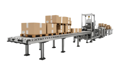 Automated conveyor system transporting cardboard boxes on pallets. Efficient logistics and warehouse operations are showcased in this industrial setting