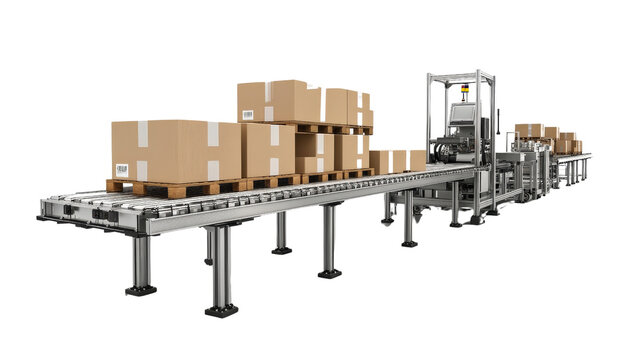 Automated conveyor system transporting cardboard boxes on pallets. Efficient logistics and warehouse operations are showcased in this industrial setting