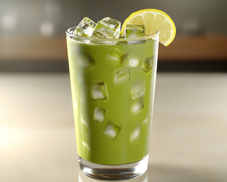 Iced matcha latte with lemon wedge and ice cubes in a glass.
