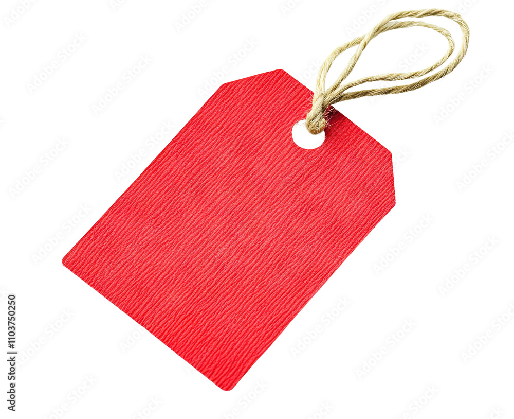 Poster red textured tag with a string loop, isolated on transparent cutout background