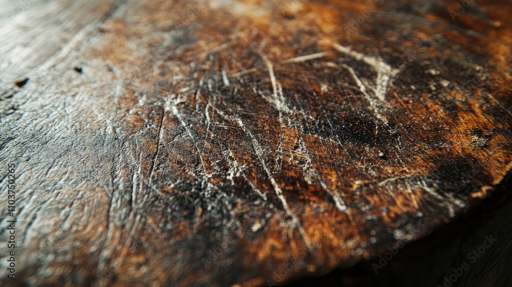 Poster close-up image of a weathered wooden table with scratches, highlighting the unique texture of the ol