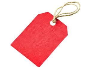 Red textured tag with a string loop, isolated on transparent cutout background