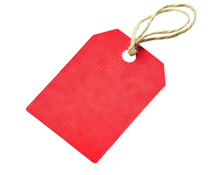 Red textured tag with a string loop, isolated on transparent cutout background