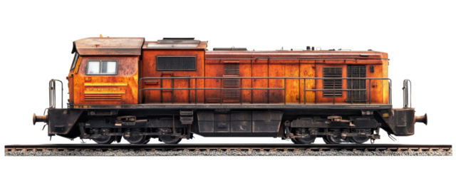 Rusty diesel locomotive on tracks, showcasing vintage industrial design and weathered textures. striking representation of transportation history