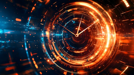 Fototapeta premium Abstract Clockwork, Futuristic Timepiece Design, Glowing Circuits and Orange Hues, Dynamic Energy Radiating Outward.