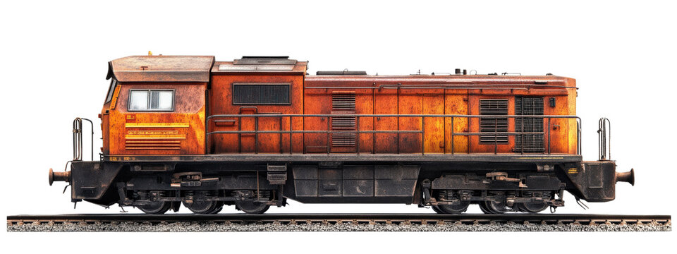 Rusty diesel locomotive on tracks, showcasing vintage industrial design and weathered textures. striking representation of transportation history