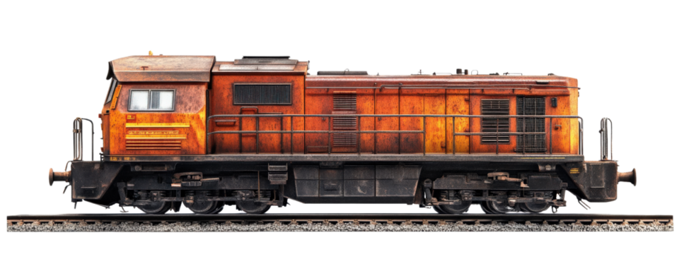Rusty diesel locomotive on tracks, showcasing vintage industrial design and weathered textures. striking representation of transportation history