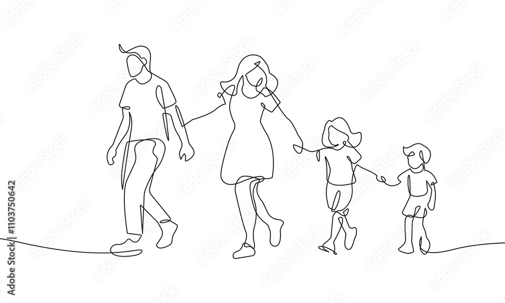 Poster one continuous line drawing of happy family walking together. minimal vector illustration in simple 