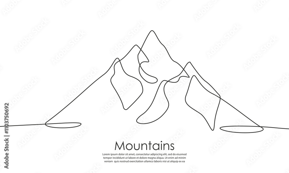 Poster mountain landscape single continuous line drawing. peaks of mounts in minimalistic one line style. c