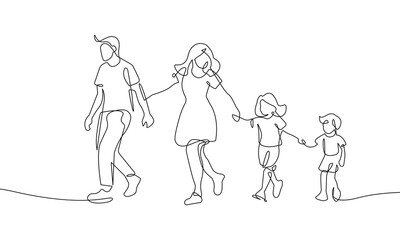 One Continuous Line Drawing of Happy Family Walking Together. Minimal Vector Illustration in Simple Linear Style. Continuous One Line Drawing of Parents with Children. Vector Graphic Illustration.