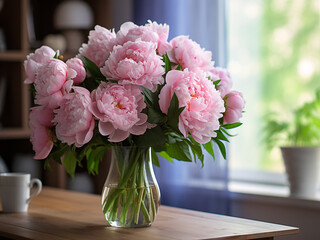 A vase with a bouquet of pink peonies placed on a table