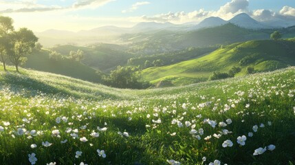 Vibrant green hills blanketed with wildflowers basking in the soft glow of morning sunlight, creating a serene and picturesque landscape.
