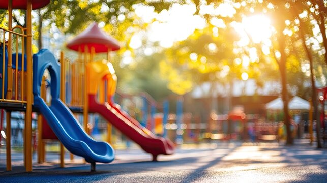 Playground scene on a sunny day, highlighting outdoor play areas and games, ideal for capturing joyful moments in an outdoor playground with ample copy space.
