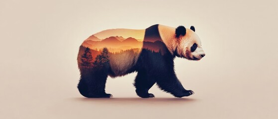 Majestic Panda Silhouette with Scenic Landscape Overlay - Nature-Inspired Wildlife Art for Eco-Friendly Designs and Animal Conservation Awareness
