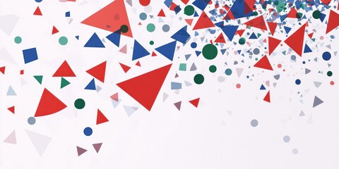 Abstract composition of colorful geometric shapes on a white background.