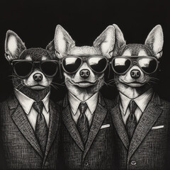 Obraz premium Three stylish chihuahua businessmen dressed in tailored suits, complete with ties and aviator sunglasses, exuding charm and confidence. Their poised stance blends elegance with humor. Rendered in