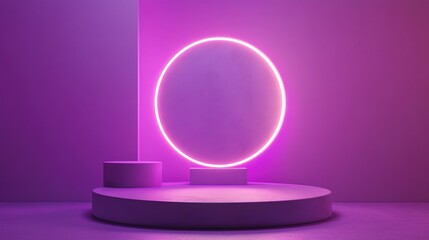 Obraz premium Minimalist abstract scene showcasing a cylindrical podium and a glowing circular shape against a vibrant purple background with neon light effects.