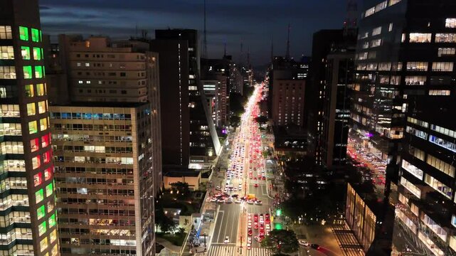 Aerial view of Paulista Avenue by night - S&atilde;o Paulo, Brazil
