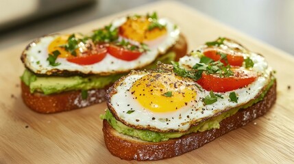 Delicious avocado toast topped with eggs on a cutting board, perfect for breakfast ideas. The delicious avocado toast offers a fresh, healthy presentation with ample copy space.