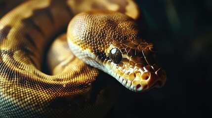 Fototapeta premium Portrait of a ball python snake against a dark background, capturing the intricate patterns and textures of the ball python in a natural setting with ample copy space.