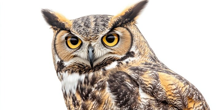 A close up image of a male great horned owl sitting against a white backdrop. This male great horned owl showcases its distinct features prominently.
