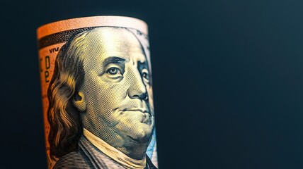 A close-up of a rolled-up hundred-dollar bill featuring Benjamin Franklin, set against a dark background, highlighting its intricate details.