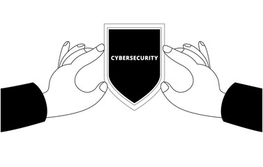 Hands holding shield with sign cybersecurity. Vector illustration of cybersecurity and data safety concept in network.