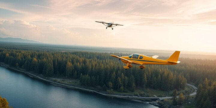 A small yellow plane soaring over a winding river flanked by lush green trees, aircraft, landscape