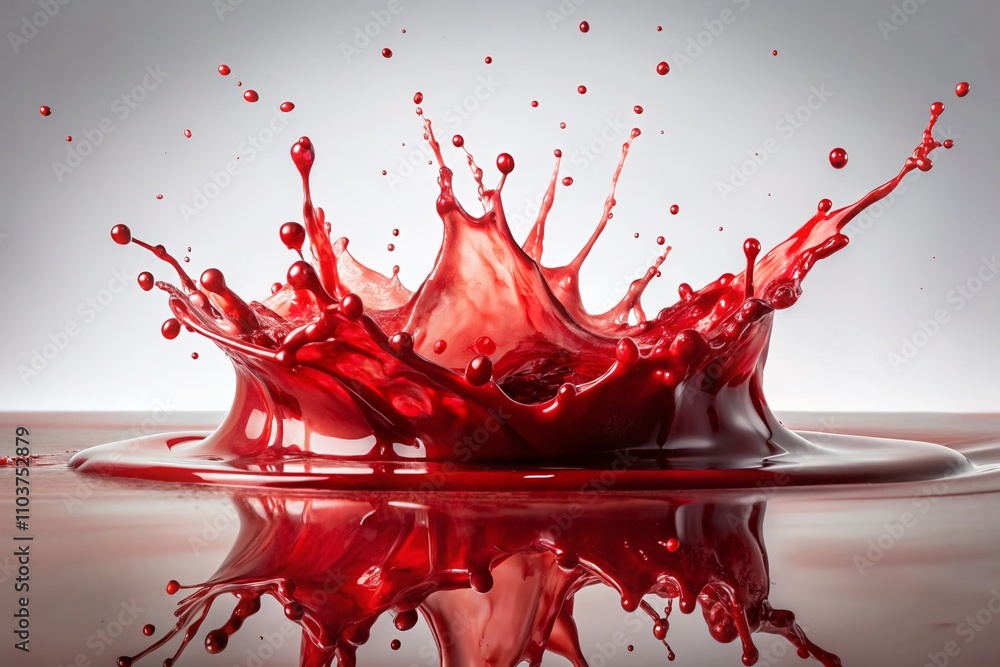 Poster panoramic view of artistic blood splashes isolated on white background, capturing dynamic movement a