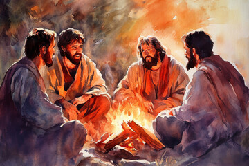 Jesus sitting by a fire, speaking to his disciples, with soft light illuminating their faces. The watercolor uses soft oranges and reds to evoke warmth, fellowship, and divine presence.