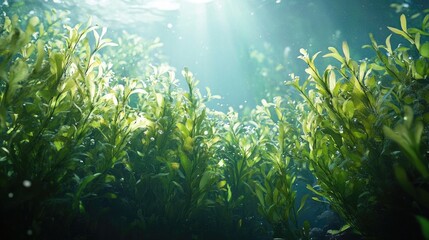 Fototapeta premium Lush green seaweed thrives in a vibrant underwater environment, creating a stunning composition with ample space for additional elements in the photo. Ideal for nature-themed visuals.