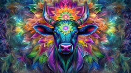A vibrant, psychedelic depiction of a cow surrounded by colorful floral patterns.