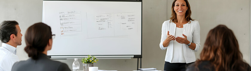 Businesswoman presents ideas to colleagues during meeting