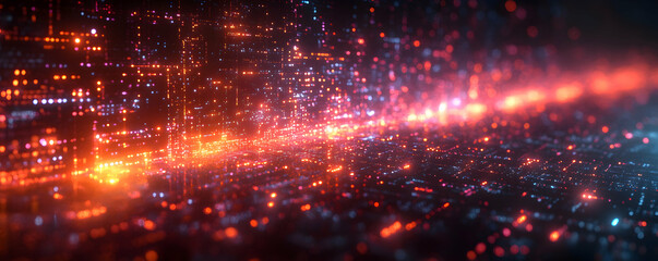 Abstract Digital Landscape With Glowing Orange And Blue Lights