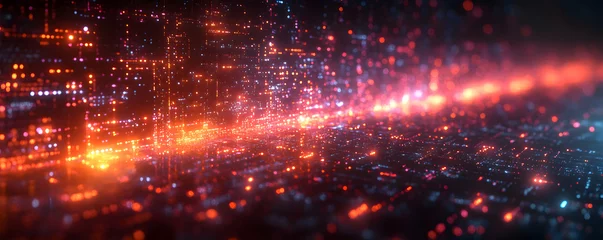 Selbstklebende Fototapeten Rot Lila Abstract Digital Landscape With Glowing Orange And Blue Lights  © ali