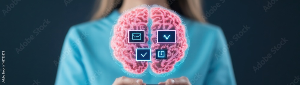 Poster a conceptual representation of a human brain interacting with digital interfaces, symbolizing techno
