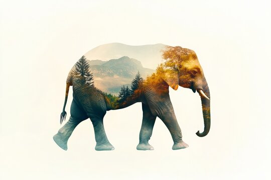 Majestic Elephant Silhouette with Nature Landscape: Stunning Double Exposure Art for Wildlife, Conservation, and Eco-Friendly Themes